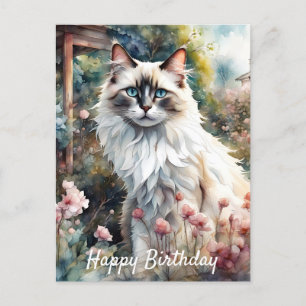 Carte Postale Chat Ragdoll dans un jardin anglais d'anniversaire