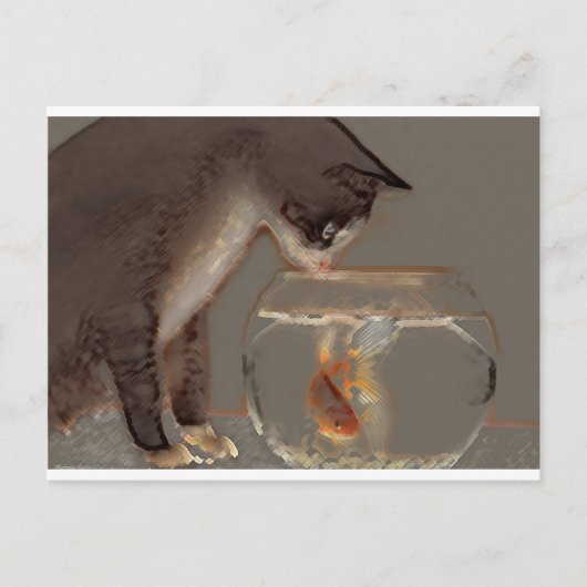 Carte Postale Chat regardant Goldfish Bowl (Devant)