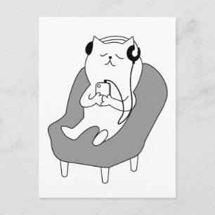 Carte Postale Chat Relaxant écouter de la musique sur les écoute