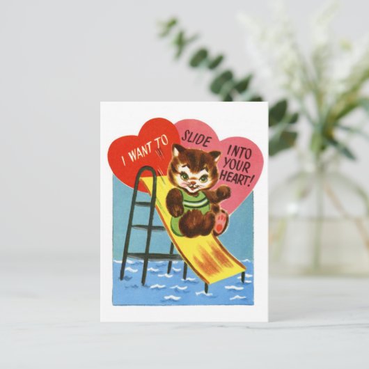 Carte Postale Chat Rétro Glissant Dans Votre Coeur Valentine (Debout devant)