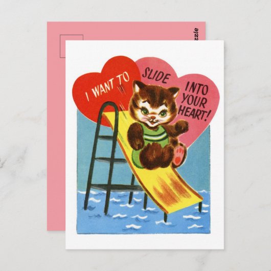 Carte Postale Chat Rétro Glissant Dans Votre Coeur Valentine (Devant / Derrière)