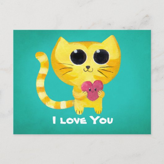 Carte Postale Chat romantique mignon avec coeur (Devant)