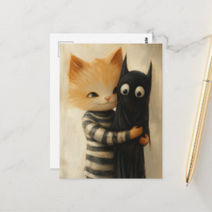Carte Postale Chat roux adorable et fantôme de chaton noir
