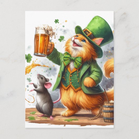 Carte Postale Chat roux adorable et souris avec bière (Devant)