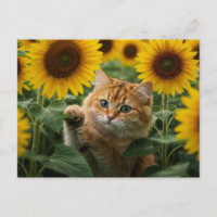 Carte postale Chat roux mignon dans les tournesols