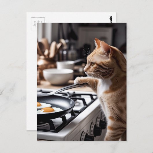 Carte Postale Chat roux mignon préparant des œufs pour le petit- (Devant / Derrière)