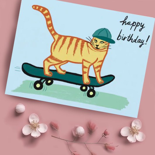 Carte Postale Chat roux planchiste JOYEUX ANNIVERSAIRE