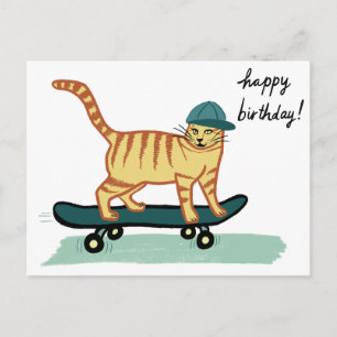 Carte Postale Chat roux tabby faisant du skateboard JOYEUX ANNIV