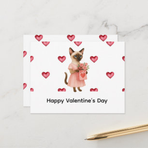 Carte Postale Chat siamois apporte des roses pour la Saint-Valen
