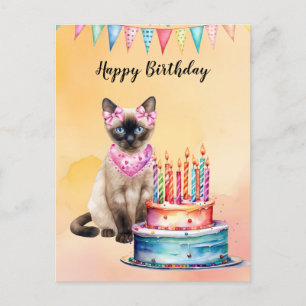 Carte Postale Chat siamois au spa avec gâteau d'anniversaire