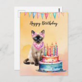 Carte Postale Chat siamois au spa avec gâteau d'anniversaire (Devant / Derrière)
