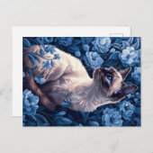Carte Postale Chat siamois en Fleurs Bleues (Devant / Derrière)