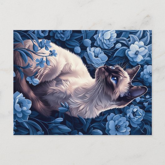 Carte Postale Chat siamois en Fleurs Bleues (Devant)