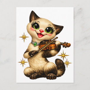 Carte Postale Chat siamois heureux jouant du violon rétro milieu