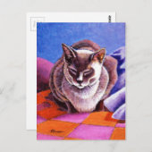 Carte Postale Chat siamois sur un édredon de patchwork (Devant / Derrière)
