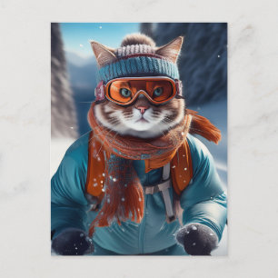 Carte Postale Chat skiant les pentes enneigées