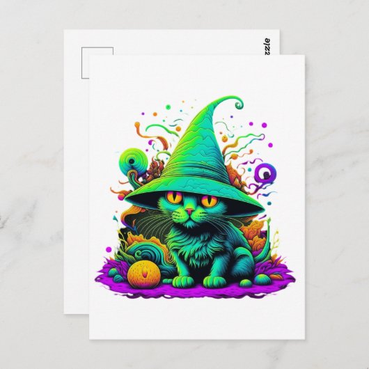 Carte Postale Chat sorcier coloré (Devant / Derrière)