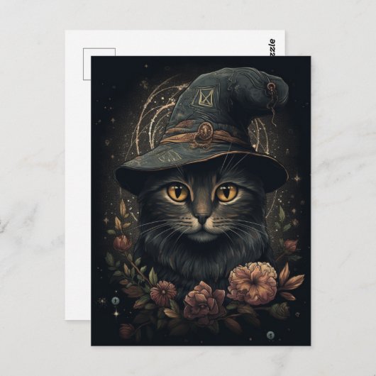 Carte postale chat sorcière adorable (Devant / Derrière)