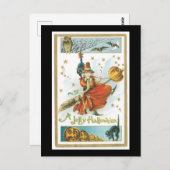 Carte Postale Chat, sorcière et hibou noir d'Halloween (Devant / Derrière)