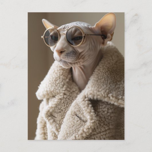Carte Postale Chat Sphynx élégant en lunettes de soleil et mante (Devant)