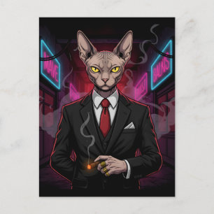 Carte Postale Chat Sphynx Mafia dans un style néon noir
