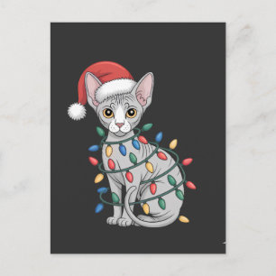 Carte Postale Chat Sphynx portant un chapeau de Père Noël et env