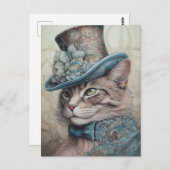 Carte Postale Chat Steampunk vintage en costume bleu (Devant / Derrière)