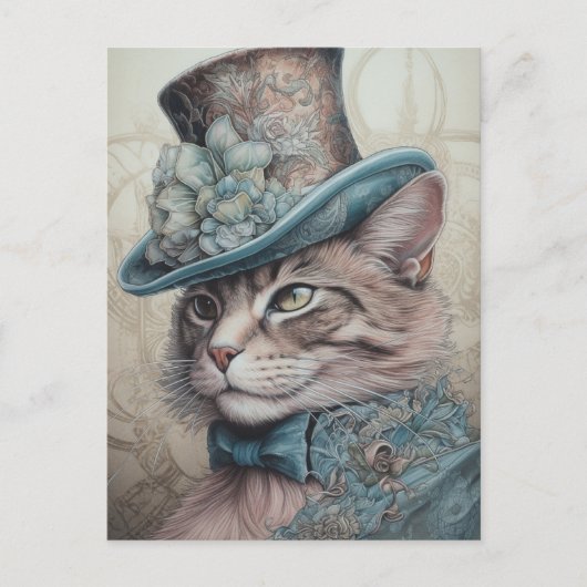 Carte Postale Chat Steampunk vintage en costume bleu (Devant)