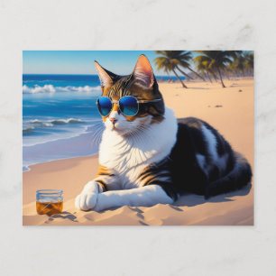 Carte Postale Chat sur la plage avec un verre de whisky