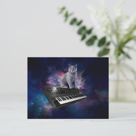 Carte Postale Chat sur synthétiseur dans l'espace (Debout devant)