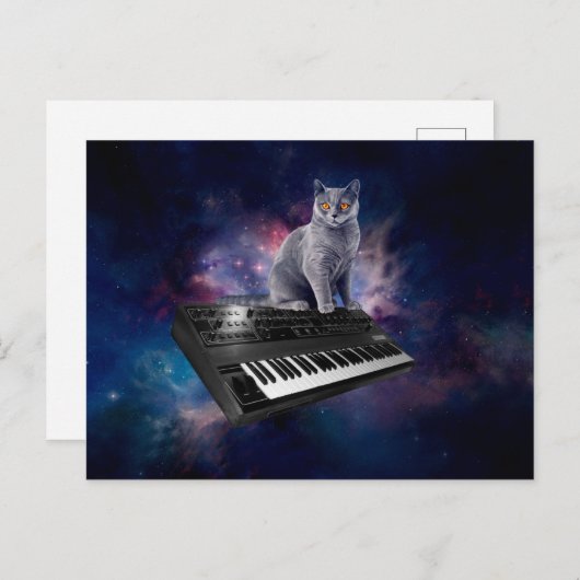 Carte Postale Chat sur synthétiseur dans l'espace (Devant / Derrière)