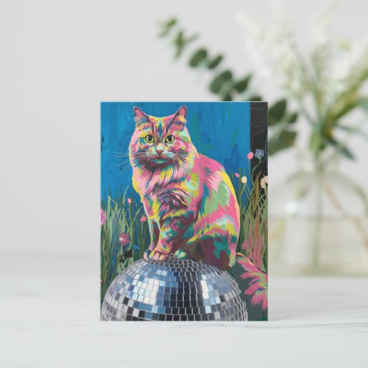 Carte Postale chat sur un ballon disco (Debout devant)