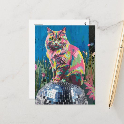 Carte Postale chat sur un ballon disco (Devant/Arrière en situation)