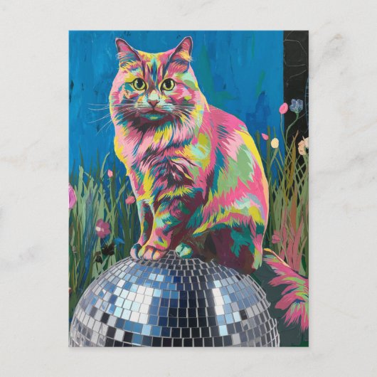 Carte Postale chat sur un ballon disco (Devant)