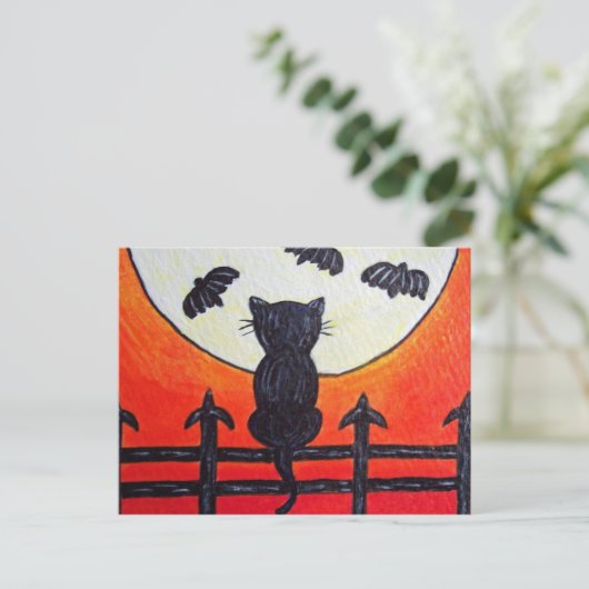 Carte Postale Chat sur une clôture dans la lune chauves-souris (Debout devant)