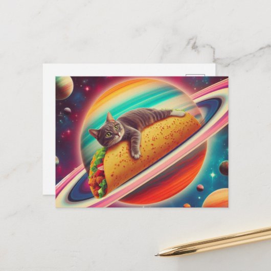 Carte Postale Chat sur une planète Taco (Devant/Arrière en situation)