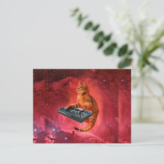 Carte Postale Chat synthétiseur dans l'espace rouge (Debout devant)
