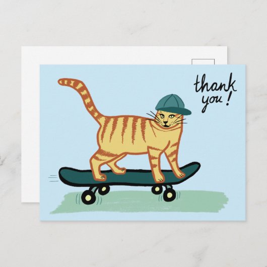 Carte Postale Chat Tabby Skateboarding MERCI (Devant / Derrière)