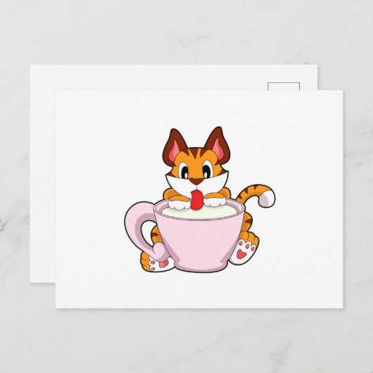Carte Postale Chat tigré avec tasse de lait.PNG (Devant / Derrière)