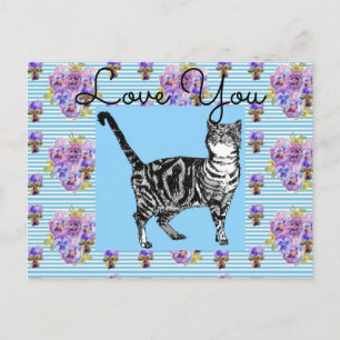 Carte Postale Chat tigré rayé bleu shabby chic amour cœur