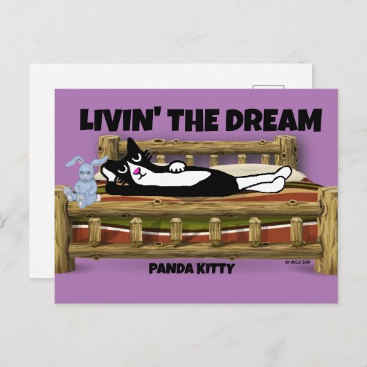 CARTE POSTALE CHAT TUXEDO AVEC LAPIN AU LIT, ART PANDA KITTY  (Devant / Derrière)