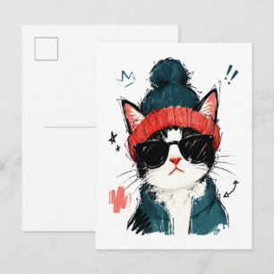 Carte Postale Chat Tuxedo Cool avec Casquette et Lunettes de Sol