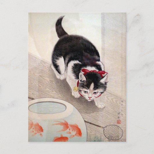 Carte Postale chat vintage avec poisson rouge (Devant)