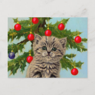Carte Postale Chat vintage et sapin de Noël