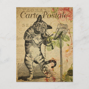 Carte Postale Chat vintage Jouer Fiddle Rose Roses Français