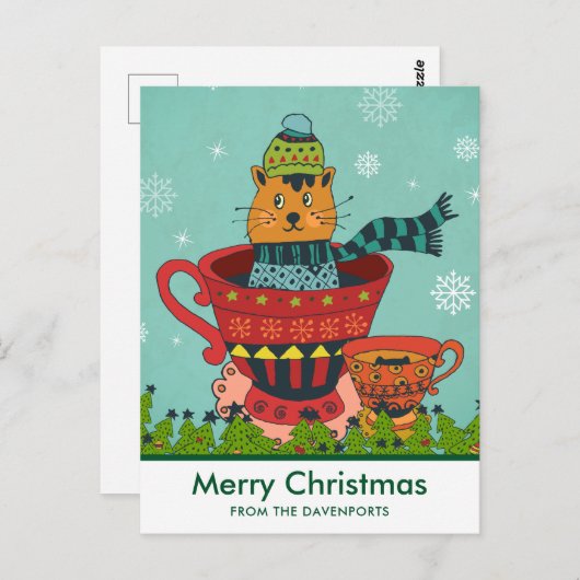 Carte Postale Chat Whimsical assis dans une tasse de thé Joyeux  (Devant / Derrière)