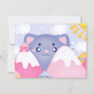 Carte Postale Chat Whimsical et Montagnes d'hiver avec un soleil