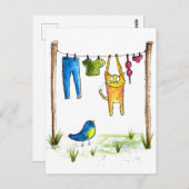 Carte Postale Chat Whimsical sur une ligne de linge (Devant / Derrière)