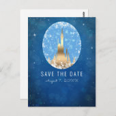 Carte Postale Château de conte de fées en or bleu Princesse Étin (Devant / Derrière)