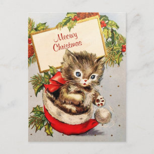 Carte Postale Chaton adorable assis avec un chapeau de Père Noël